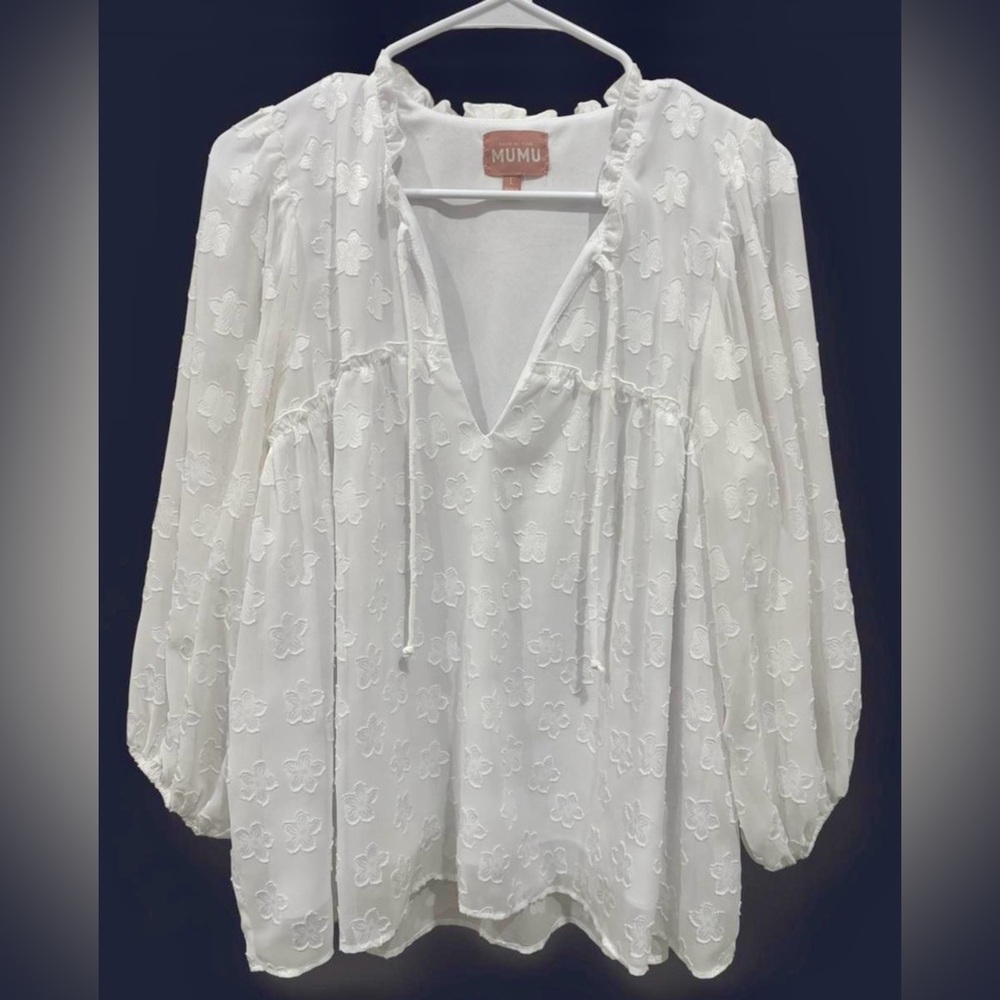 Show Me Your Mumu Sheer Floral Motifs Peasant Blouse Large White Loose Airy Boho